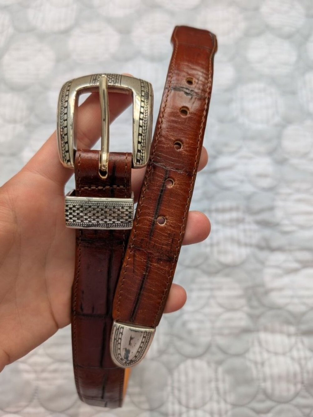 VTG 90s Onyx Brighton Genuine Leather Crocodile Embossed Belt Brass Buckle Sz 34